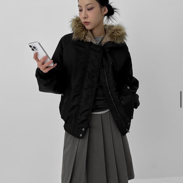 블랙업 누닐 퍼트리밍 후드점퍼 블랙