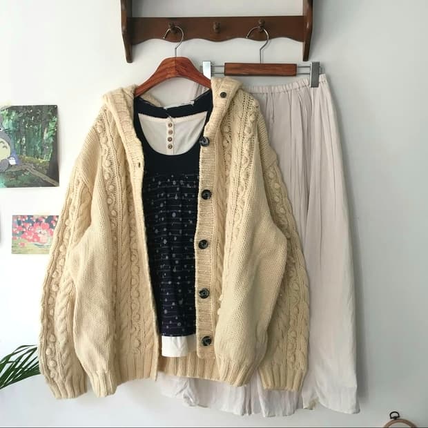 [착용샷] 빈티지 모리걸 코디세트 아이보리 후드 니트가디건