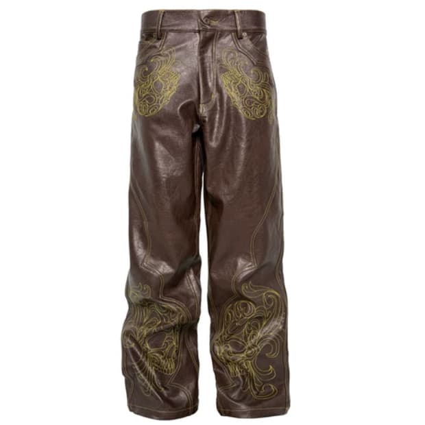 Skull Embroidery Straight Leather Pants