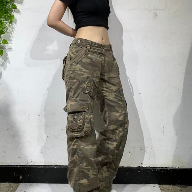 일본 빈티지 베이지 멀티 포켓 밀리터리 카모 탄창 주머니 카고 팬츠 M