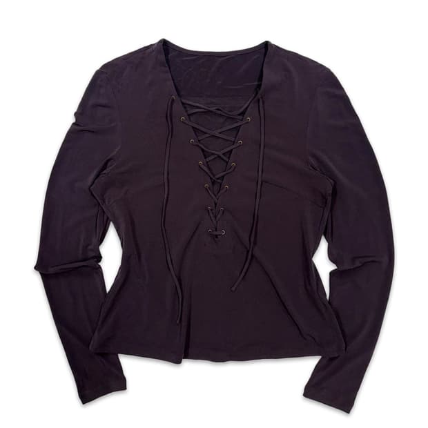 빈티지 다크 퍼플 아일렛 리본 긴팔티