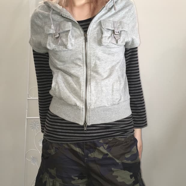 Set) y2k grey cargo hood zipup+ stripe t