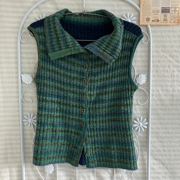 빈티지 그린 네이비 니트 조끼 915 y2k 스트릿 모리 갸루 일본빈티지