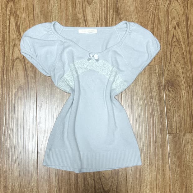 빈티지 소라색 레이스 리본 니트 반팔 티셔츠 히메갸루 로걀 라떼 히메카지