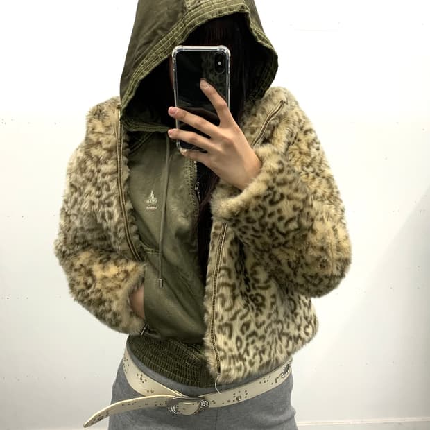 레오파드 퍼 후드집업