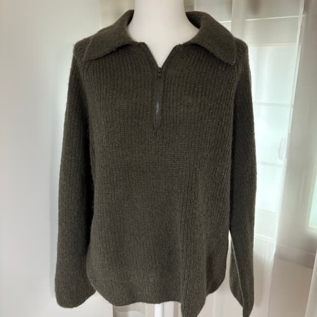 J’aime blanc 여자 카라 집업 울 니트티 (카키)