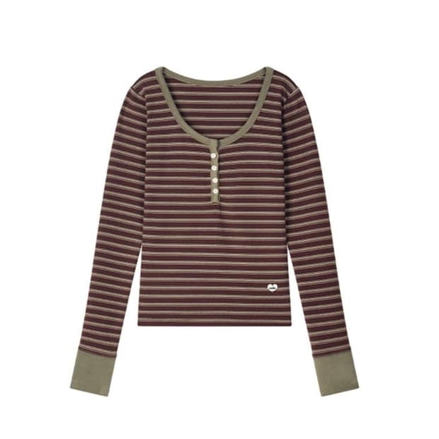 에즈이프캘리 stripe button t-shirt brown