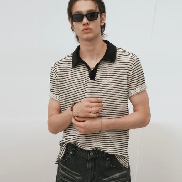 코튼 크로셰 폴로 티셔츠 (블랙아이보리)50사이즈