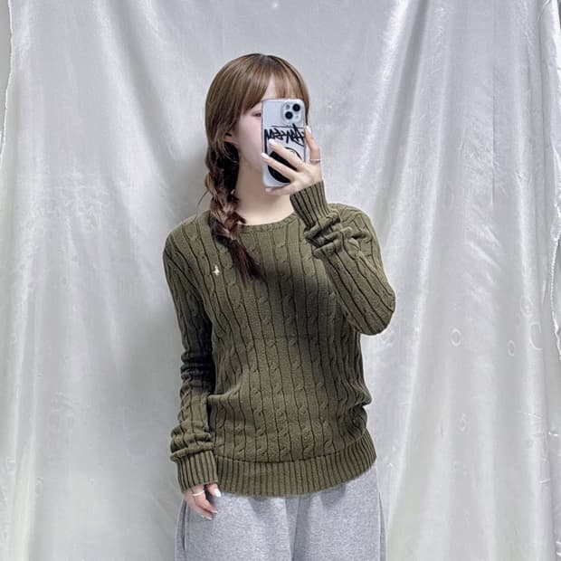 퓰로 랄프로렌 화이트포니 카키 꽈배기 니트 