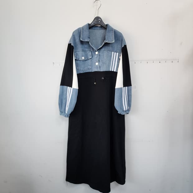 데님 배색 롱 원피스