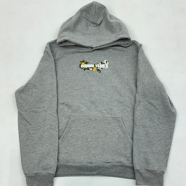 데님 티어스 자수 플로럴 후드 그레이