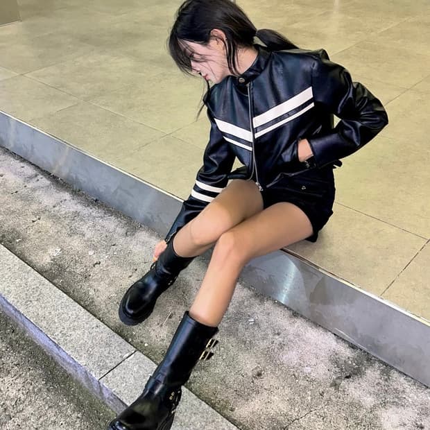 카키포인트 모터 레이싱 레더 자켓 블랙