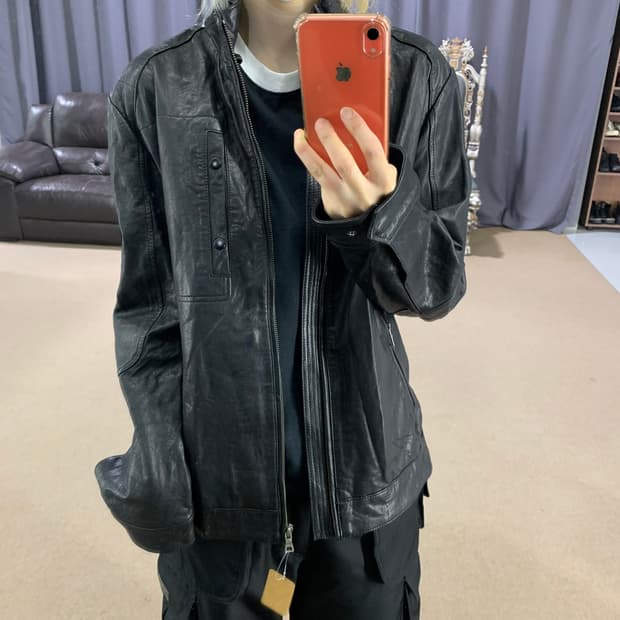 빈티지 퀼팅 포인트 노카라 지퍼 라이더 양가죽 리얼레더 자켓 블랙
