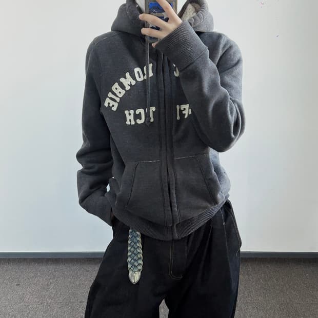 Abercrombie 아베크롬비 스펠아웃로고 퍼안감 차콜 후드집업 