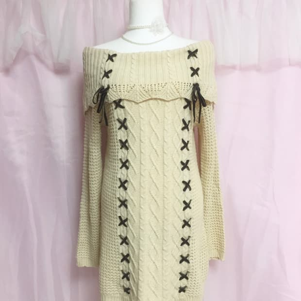 빈티지 라떼갸루 히메갸루 엑시즈팜 오프숄더 리본 니트