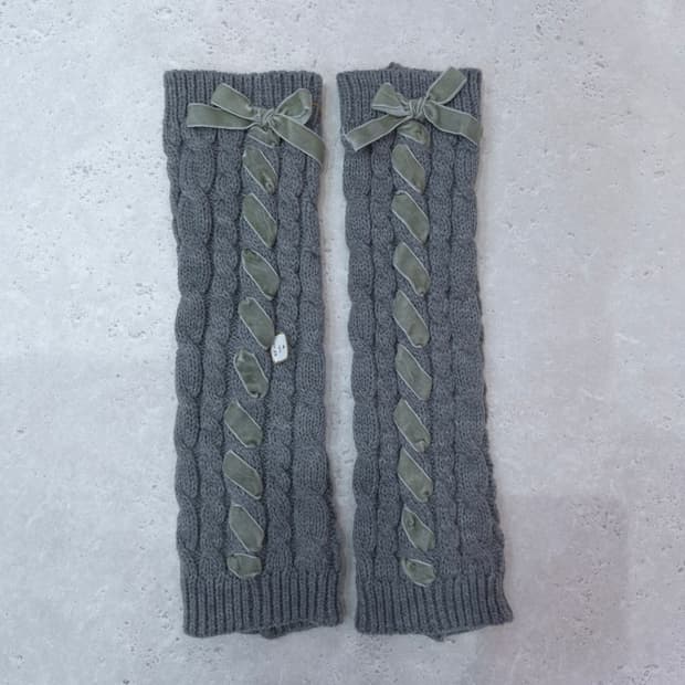 일본제 레이 꽈배기 니트워머 벨벳리본