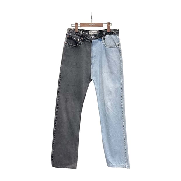 리바이스 리메이크 데님 팬츠 레귤러핏 배색 패치 로고 디테일 흑청 연청