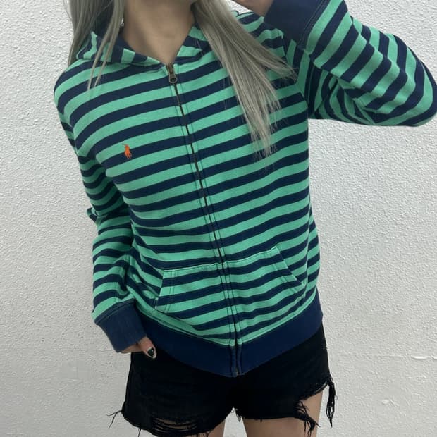 폴로 랄프로렌 오렌지포니 민트 단가라 네이비 후드집업 L