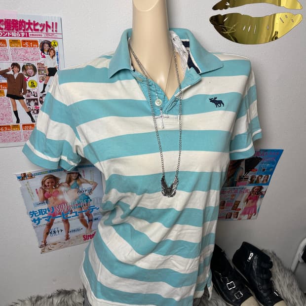 Abecrombie 민트 하늘색 스트라이프 카라티