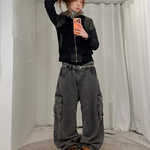 빈티지 무채색 펑크 아일렛 딱붙 작사 코디 세트