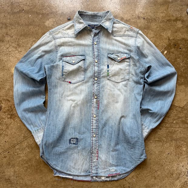 폴로 해변 자수 빈티지 아트웍 데님 셔츠
