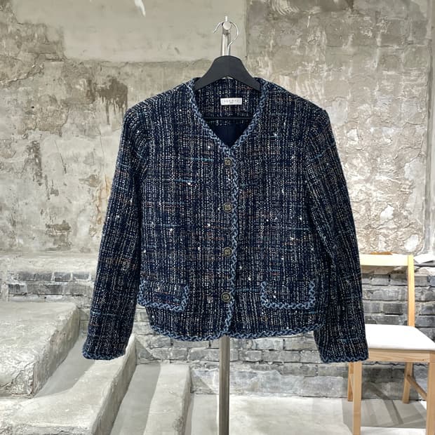 산드로 블루 아크릴 울 트위드 자켓