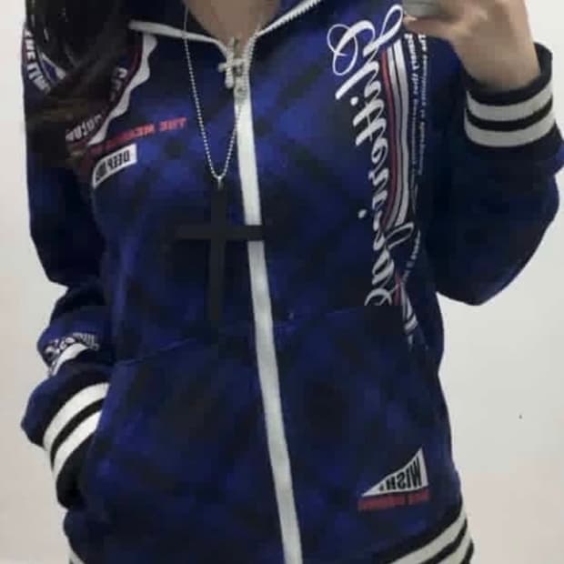 펑크 블루 타탄체크 레터링 후드집업