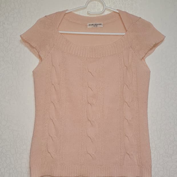 반소매 꽈배기 핑크 니트