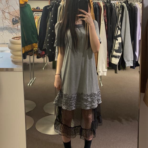 42)Rose Tiara vintage 페미닌 레이스 그레이 원피스