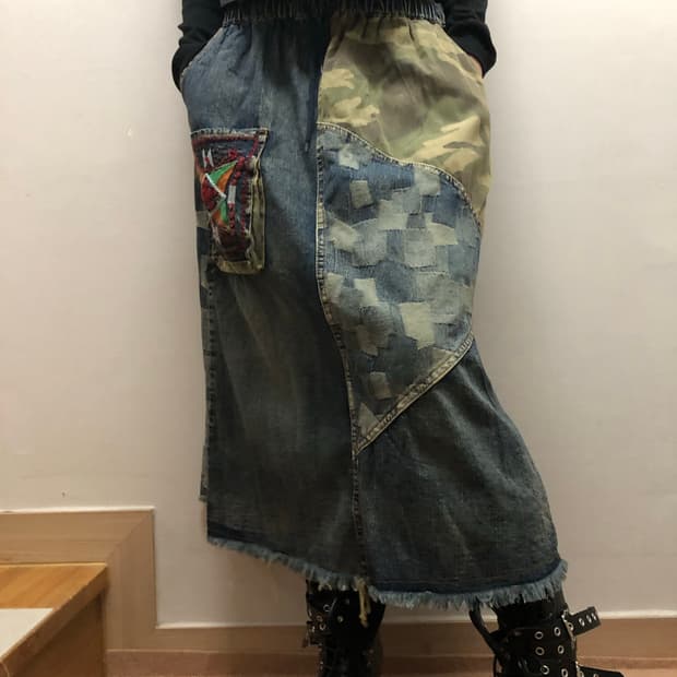 빈티지 데님 카모 패치워크 롱 스커트