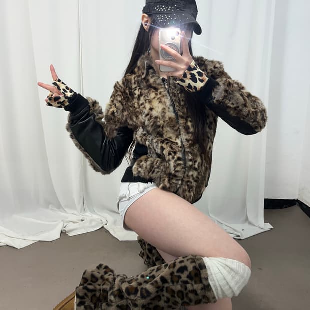 레오파드 래빗퍼 레더 자켓 (양가죽+래빗퍼)