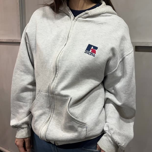 90s RUSSELL white logo hood zip-up