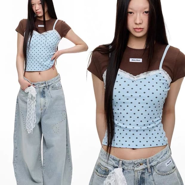 Jikoo 지쿠 도트 레이스 레이어드 반팔티