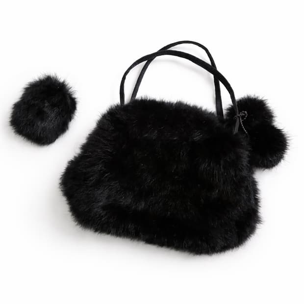 빈티지 블랙 퍼 미니 핸드백 / 퍼폼폼 세트
