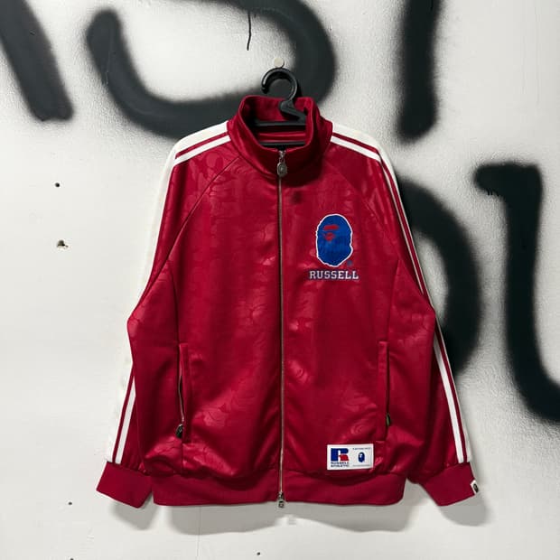 정품 베이프 x 러셀 30th 한정판 솔리드 카모 트랙 져지 자켓