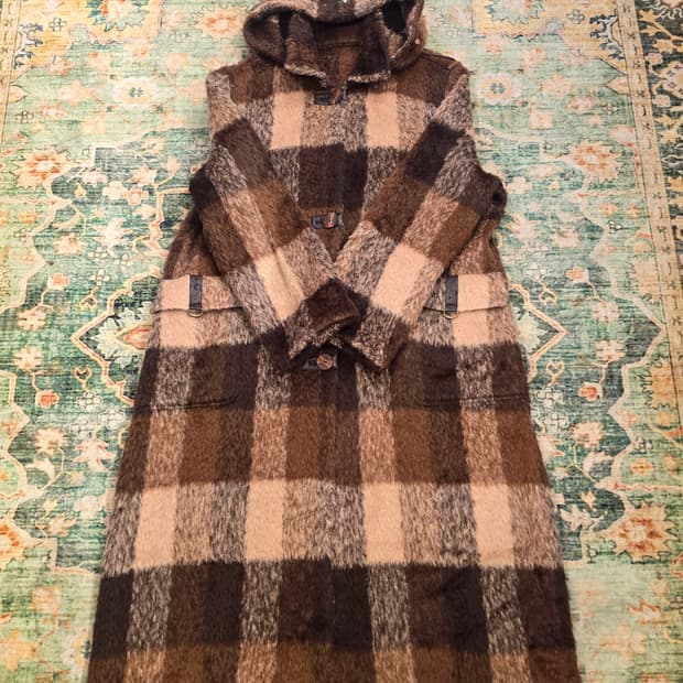 빈티지 체크 모 후드 롱코트