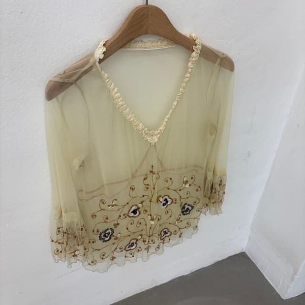 Yellow Sheer Mesh Embroidered Blouse
