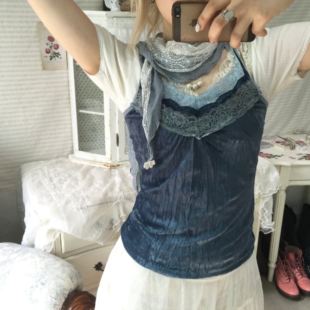 Set)블루 벨벳 레이스 나시 + 레이스 오프숄더 반팔+소라레이스머플러