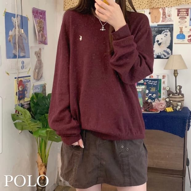 빈티지 폴로 와인 브이넥니트