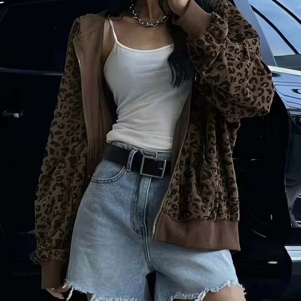 레오파드 후드집업