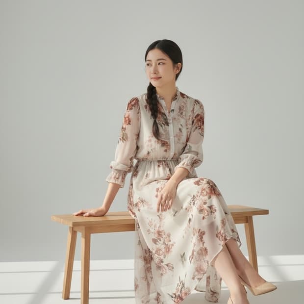 Roem 플라워 패턴 롱 쉬폰 원피스 M