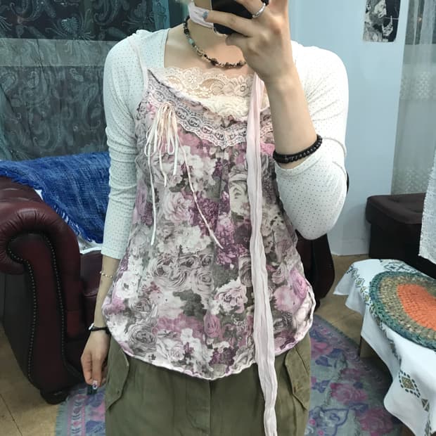 제페니즈 빈티지 여성 플라워패턴 레이스 슬리브리스 나시 