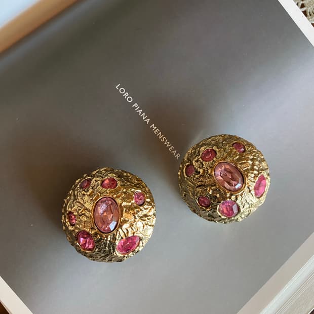 빈티지 볼드 핑크 큐빅 골드 귀걸이 귀찌