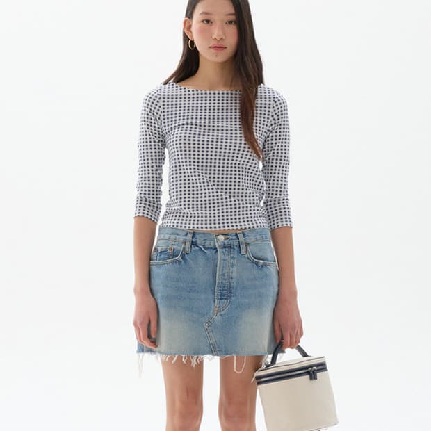 리모네 Gingham Boat Neck T-shirt - Navy