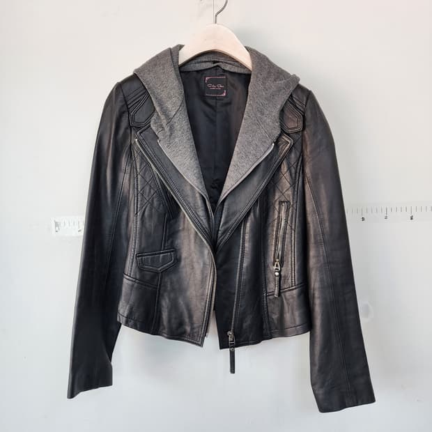 city Gee 블랙 양가죽 후드 라이더 자켓