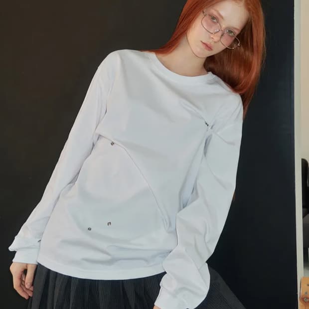 렌세 스냅 버튼 오버사이즈 티셔츠 화이트 시착1회