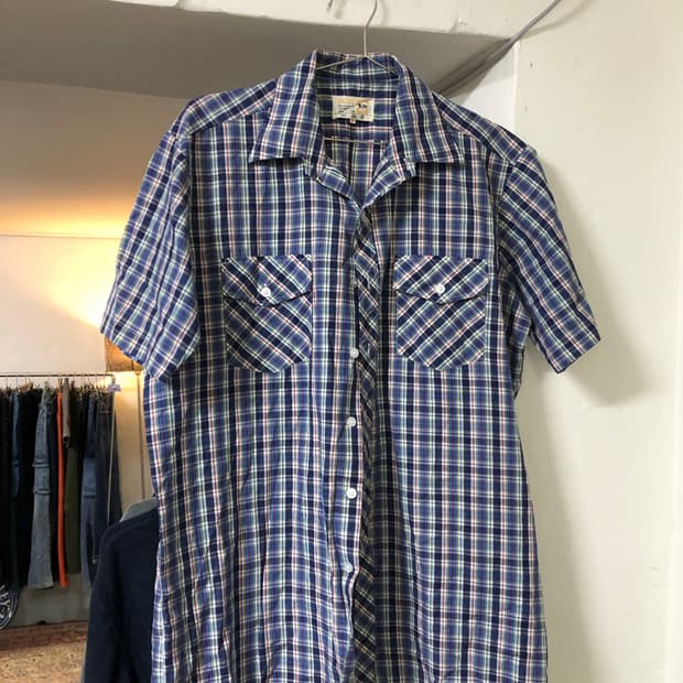빈티지 웨스턴 셔츠 블루체크 포켓
