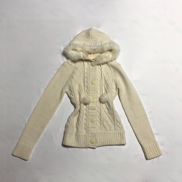 폼폼 후드 니트 가디건  아이보리