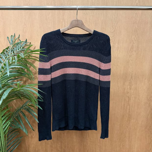 올세인츠 라운드넥 긴팔 니트 차콜 핑크 스트라이프 배색 디테일 네이비