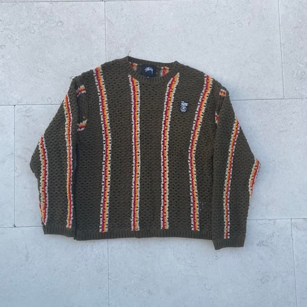 스투시 x 파타 스트라이프 루즈 게이지 스웨터 올리브